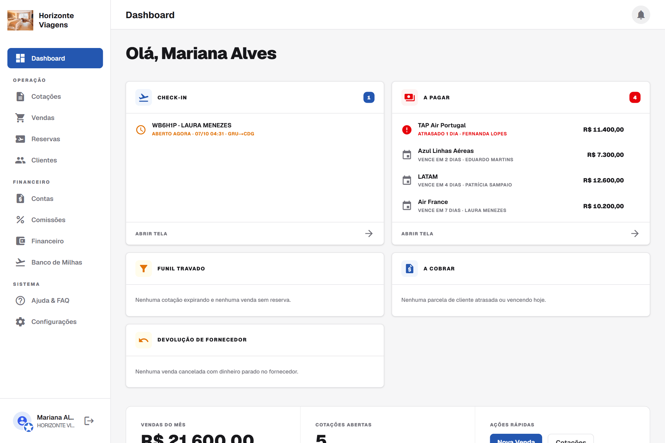 Painel do dia — Abra o sistema e veja o que tem prazo hoje: check-ins, contas e cotações expirando.
